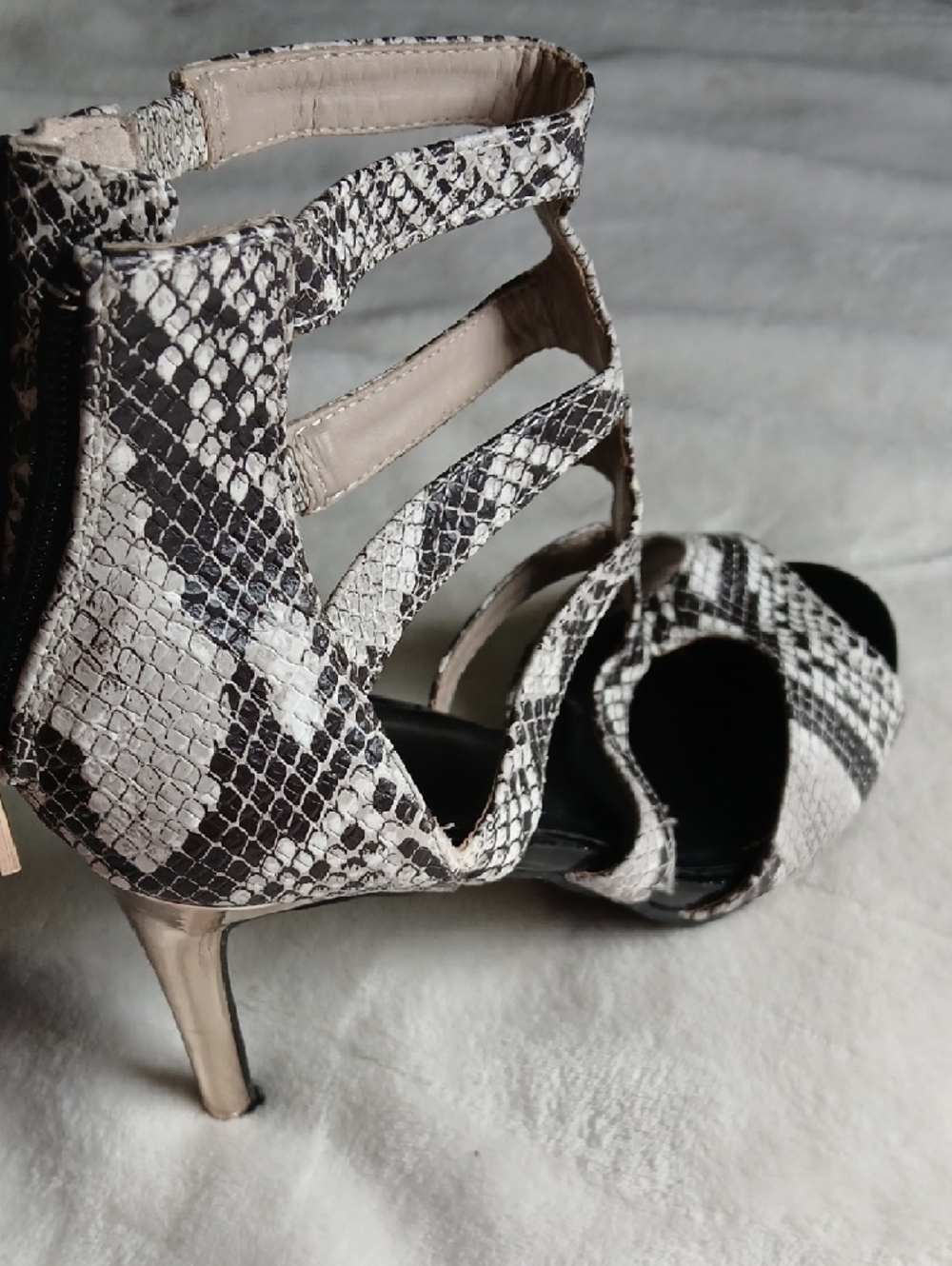 Women's Snakeskin Strappy Peep-Toe Heels - Black & Gray - Picture 7 of 7